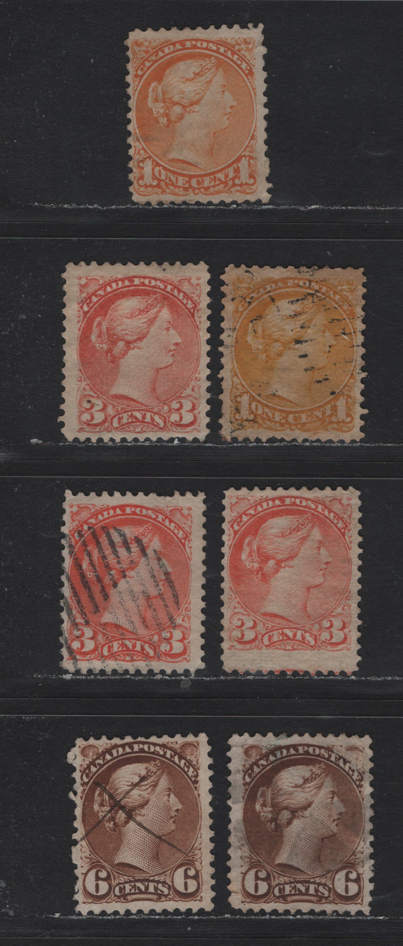 Lot 9 Canada #35i,a, 37, 39, 39d, 37c 1c - 6c Mustard Yellow - Brown Queen Victoria, 1870-1893 Small Queen Issue, 7 Fine Used Singles, Late Montreal & Mid-Montreal Printings, Translucent Horizontal & Vertical Wove Papers, All Perfs Close To 12 or 12.1.