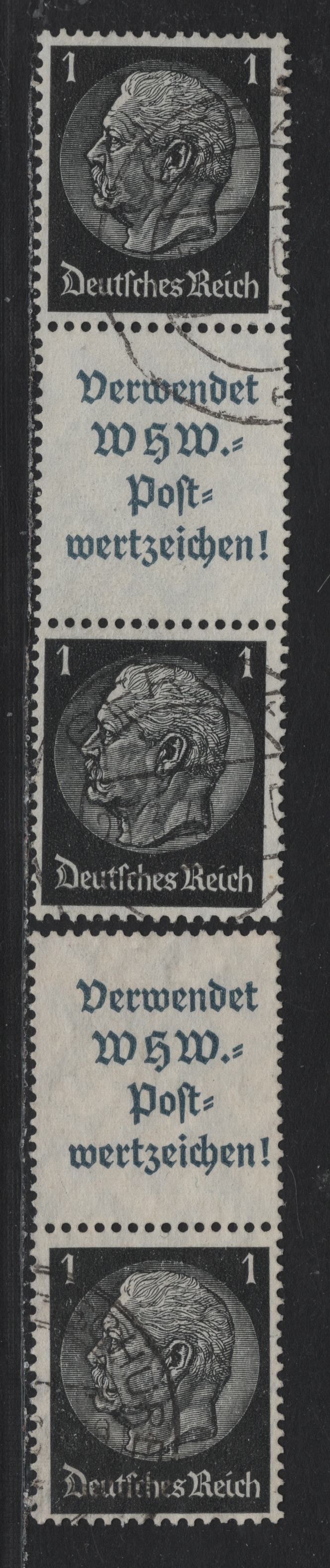 Lot 92 Germany SC#415 (S167-S168) 1pf Black , 1933-1936 Hindenberg Issue, 2 Fine Used Label-Stamp Booklet Pair & Stamp-Label-Stamp Booklet Strip of 3