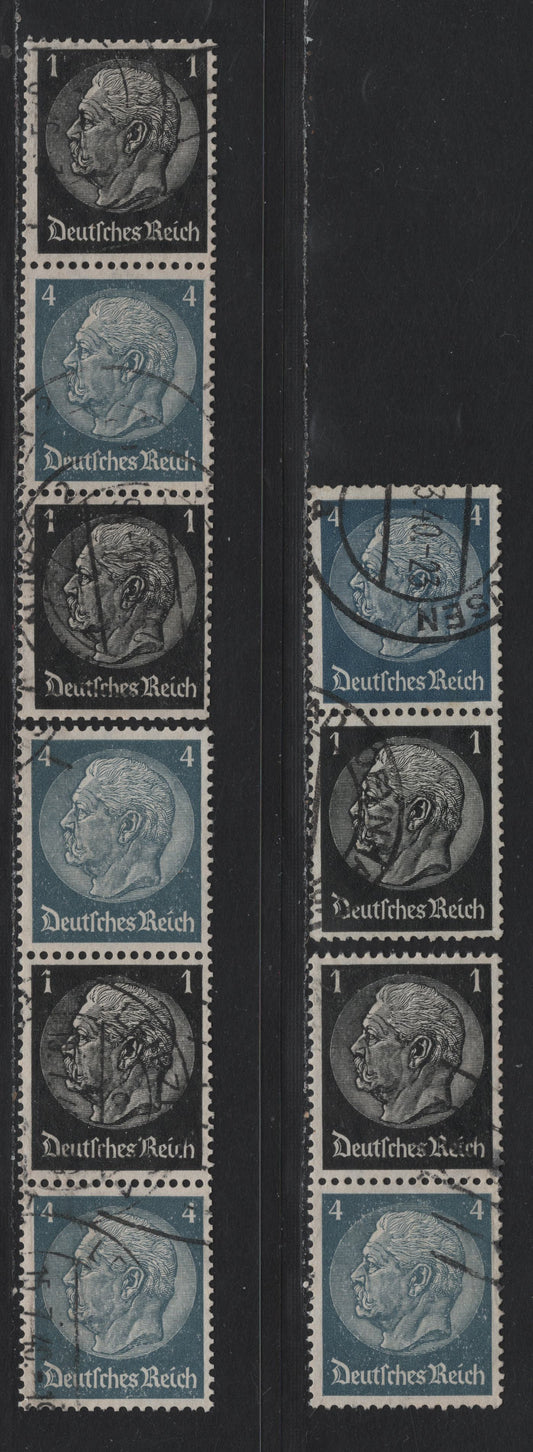 Lot 93 Germany SC#415, 417 (S171-S174) 1pf - 4pf Black - Gray Blue , 1933-1936 Hindenberg Issue, 4 Fine/Very Fine Used Vertical Booklet Pairs & Strips, Representing All Configurations Of These Stamps