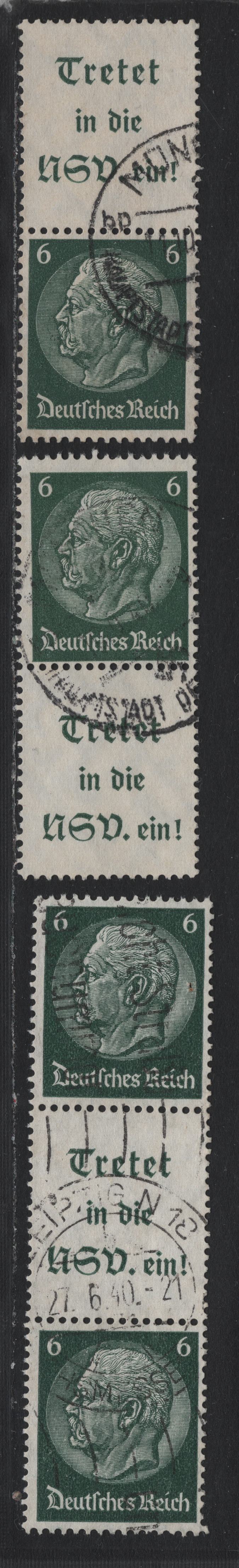 Lot 95 Germany SC#414 (S191, S193-S194) 6pf Dark Green , 1933-1936 Hindenberg Issue, 3 Fine/Very Fine Used Vertical Label-Stamp & Stamp-Label Booklet Pairs & Stamp-Label-Stamp Booklet Strip of 3
