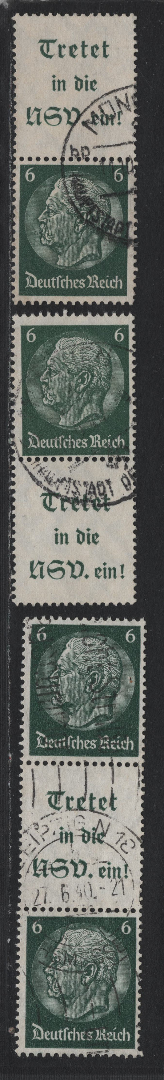 Lot 95 Germany SC#414 (S191, S193-S194) 6pf Dark Green , 1933-1936 Hindenberg Issue, 3 Fine/Very Fine Used Vertical Label-Stamp & Stamp-Label Booklet Pairs & Stamp-Label-Stamp Booklet Strip of 3