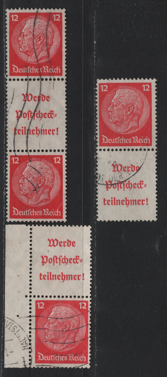 Lot 96 Germany SC#422 (S195, S197-S198) 12pf Deep Carmine , 1933-1936 Hindenberg Issue, 3 Fine/Very Fine Used Label-Stamp & Stamp-Label Booklet Pairs & Stamp-Label-Stamp Booklet Strip of 3