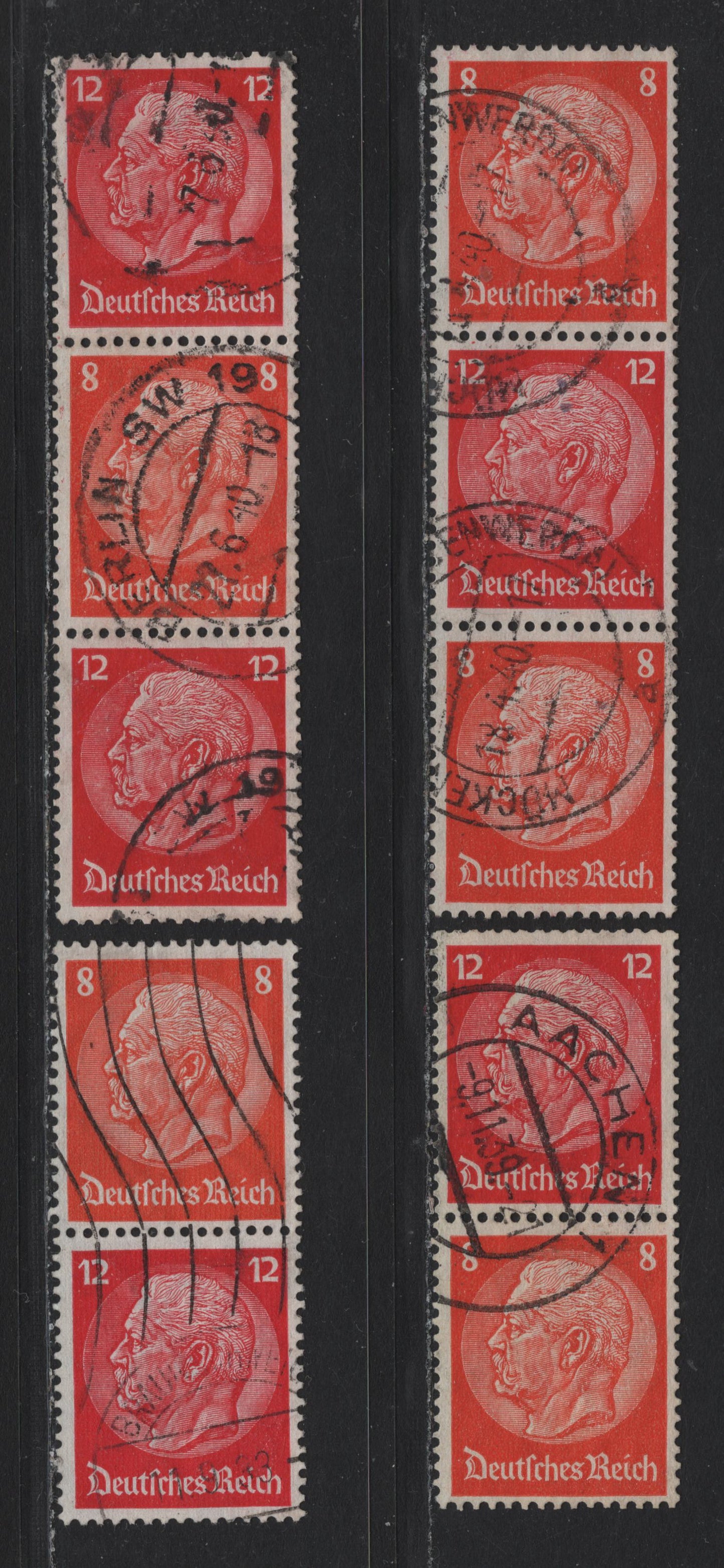 Lot 97 Germany SC#420, 422 (S199-S202) 8pf - 12pf Orange - Carmine , 1933-1936 Hindenberg Issue, 4 Fine/Very Fine Used Vertical Booklet Pairs & Strips Of 3, All The Configurations Of These Stamps