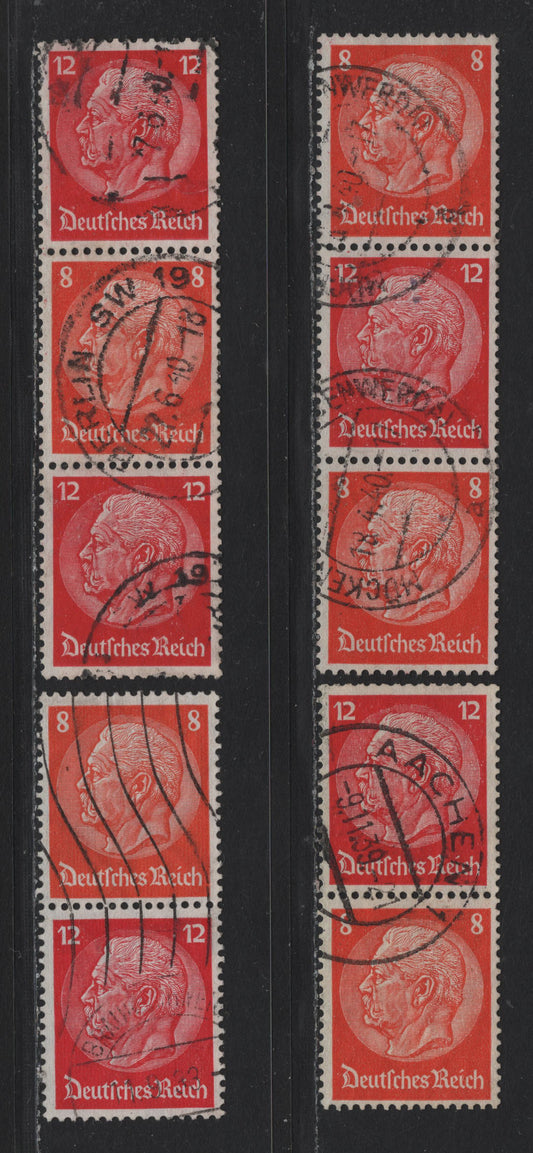 Lot 97 Germany SC#420, 422 (S199-S202) 8pf - 12pf Orange - Carmine , 1933-1936 Hindenberg Issue, 4 Fine/Very Fine Used Vertical Booklet Pairs & Strips Of 3, All The Configurations Of These Stamps