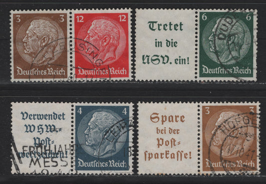 Lot 99 Germany SC#416-417, 419, 422 (W78-W81) 3pf - 12pf Brown - Carmine , 1933-1936 Hindenberg Issue, 4 Fine/Very Fine Used Horizontal Label-Stamp & Stamp-Stamp Booklet Pairs
