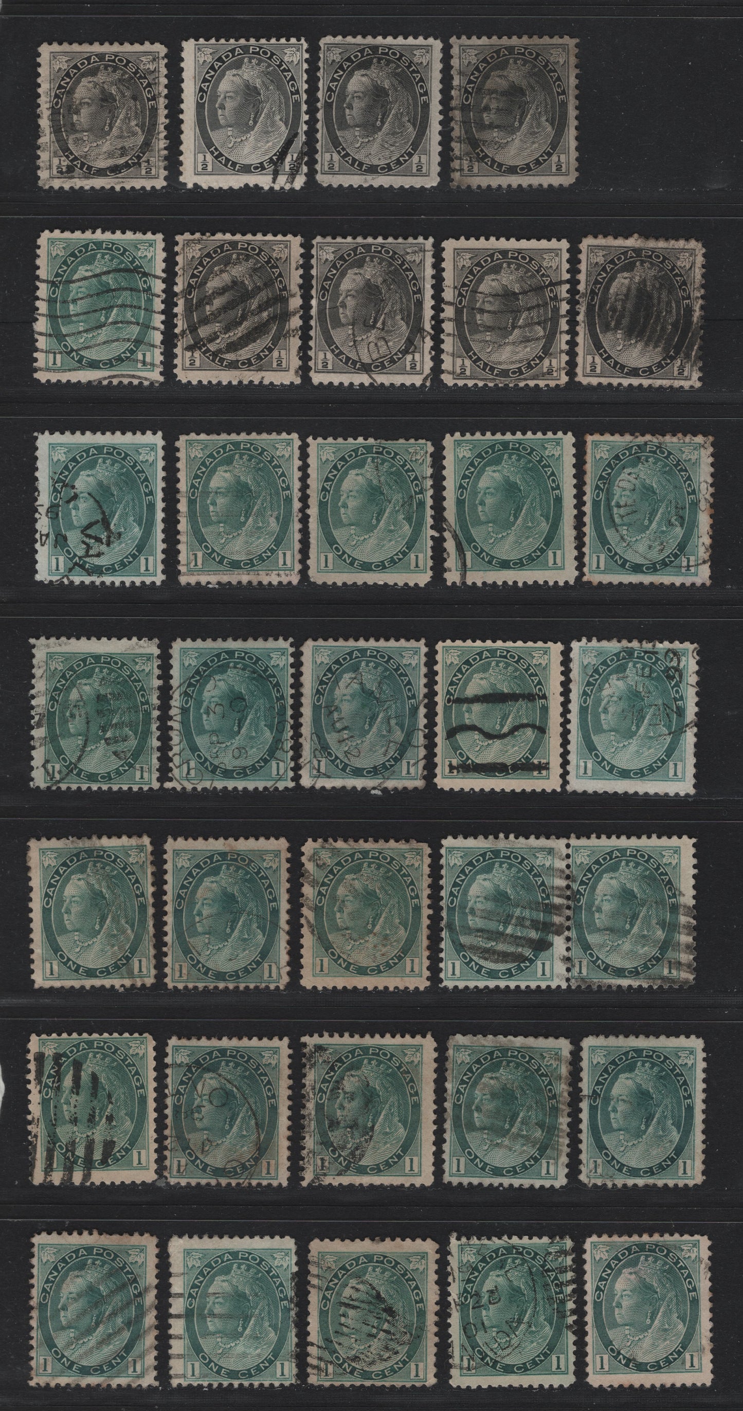 Lot 100 Canada (C) #74,I, 75,I,ii 1/2c - 1c Black - Blue Green Queen Victoria, 1898-1902 Numeral Issue, 34 Fine Used Singles, Used Singles On Various Papers & Perfs, Noted But Not Checked As to Specifics