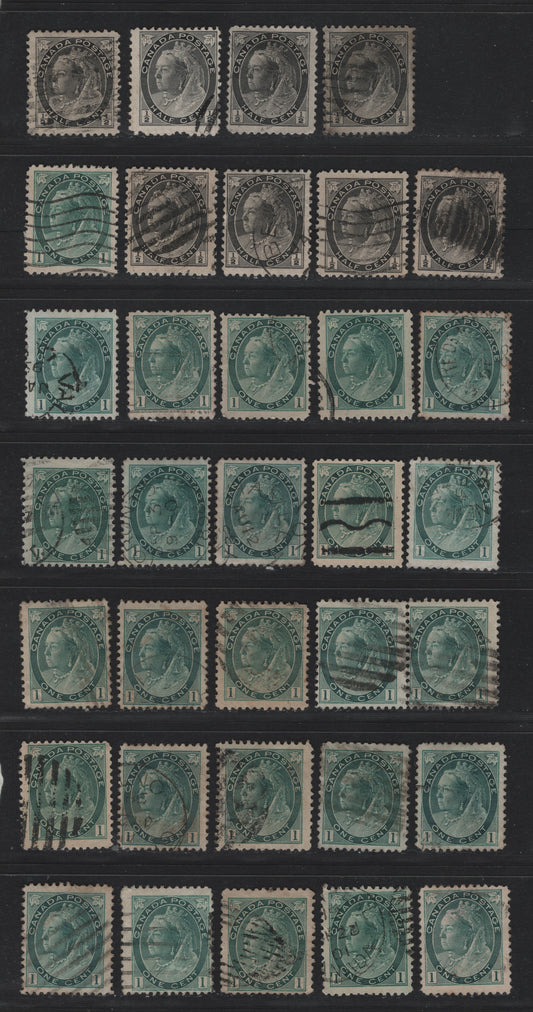 Lot 100 Canada (C) #74,I, 75,I,ii 1/2c - 1c Black - Blue Green Queen Victoria, 1898-1902 Numeral Issue, 34 Fine Used Singles, Used Singles On Various Papers & Perfs, Noted But Not Checked As to Specifics