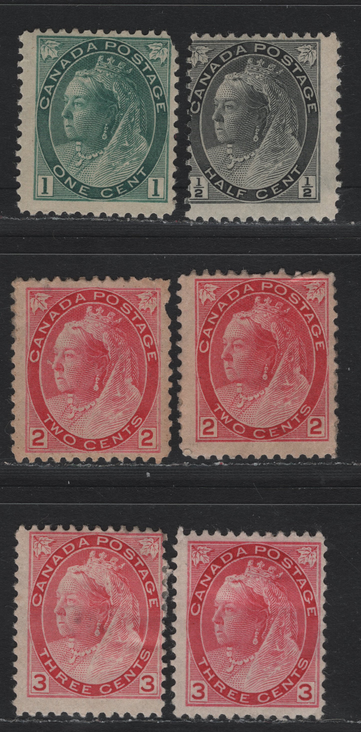 Lot 101 Canada #74i, 75i, 77,a, 78 1/2c - 3c Gray - Carmine Rose Queen Victoria, 1898-1902 Numeral Issue, 6 VGOG Singles, Various Papers & Perfs, Includes Both Dies of 2c
