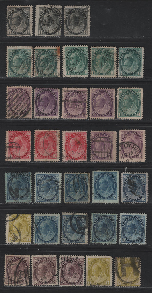 Lot 102 Canada (C) #74-75,ii, 76,a, 78-79,b, 81, 83 1/2c - 10c Black - Brown Violet Queen Victoria, 1898-1902 Numeral Issue, 33 Very Good Used Singles, Unchecked As To Specific Papers & Perfs