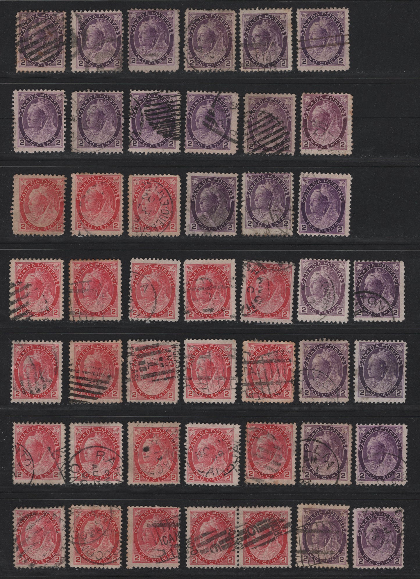Lot 108 Canada (C) #76,i-ii, 77 2c Purple - Carmine Rose Queen Victoria, 1898-1902 Numeral Issue, 46 Fine Used Singles, Various Papers & Perfs, Unchecked As To Specifics