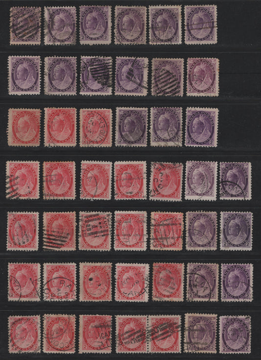 Lot 108 Canada (C) #76,i-ii, 77 2c Purple - Carmine Rose Queen Victoria, 1898-1902 Numeral Issue, 46 Fine Used Singles, Various Papers & Perfs, Unchecked As To Specifics