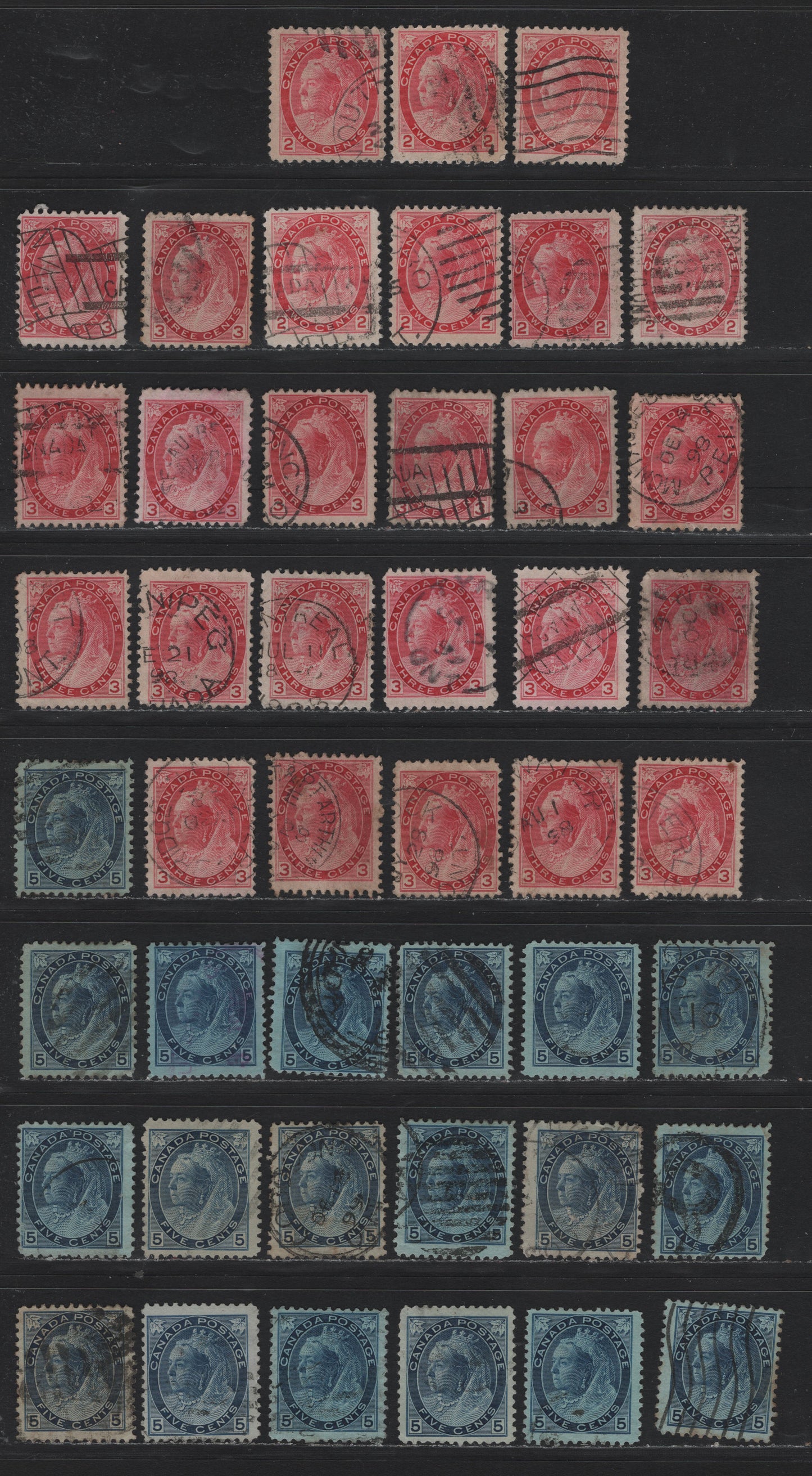 Lot 109 Canada (C) #77a, 78, 79, 79b 2c - 3c Carmien Rose - Blue Queen Victoria, 1898-1902 Numeral Issue, 45 Fine Used Singles, Various Papers & Perfs, Unchecked As To Specifics