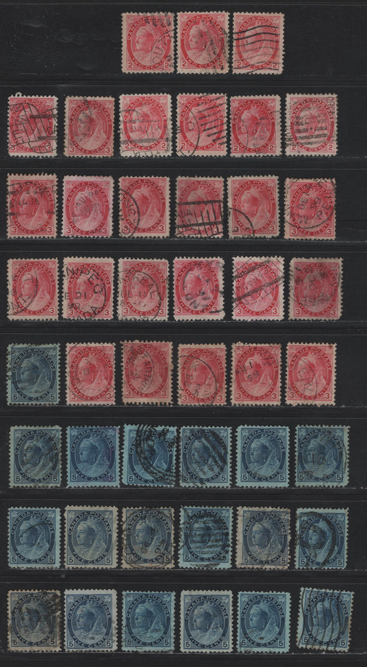 Lot 109 Canada (C) #77a, 78, 79, 79b 2c - 3c Carmien Rose - Blue Queen Victoria, 1898-1902 Numeral Issue, 45 Fine Used Singles, Various Papers & Perfs, Unchecked As To Specifics