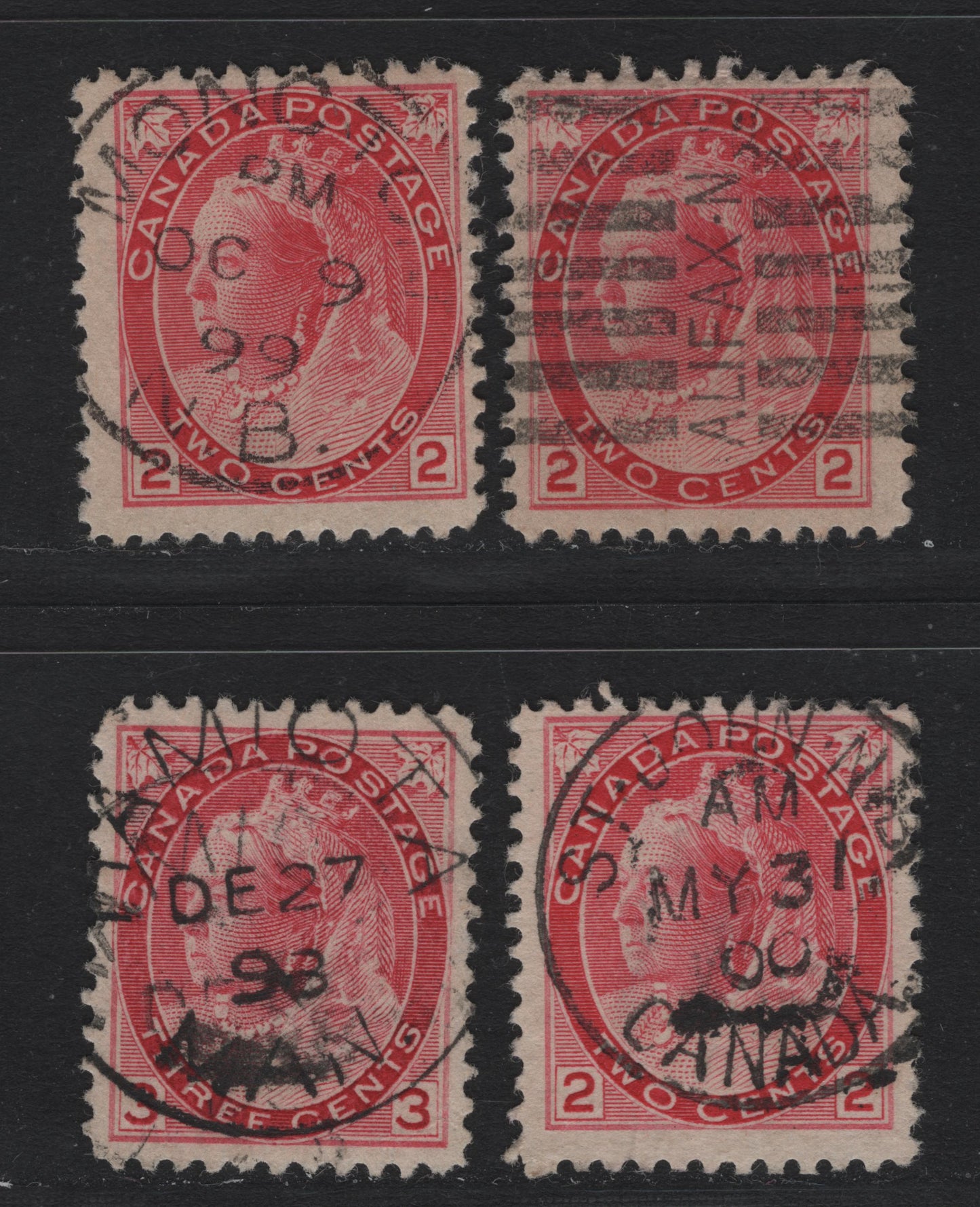 Lot 110 Canada #77-a, 78 2c - 3c Carmine Rose - Carmine Queen Victoria, 1898-1902 Numeral Issue, 4 Fine/Very Fine Used Singles, Selection of Cancellations On Various Papers