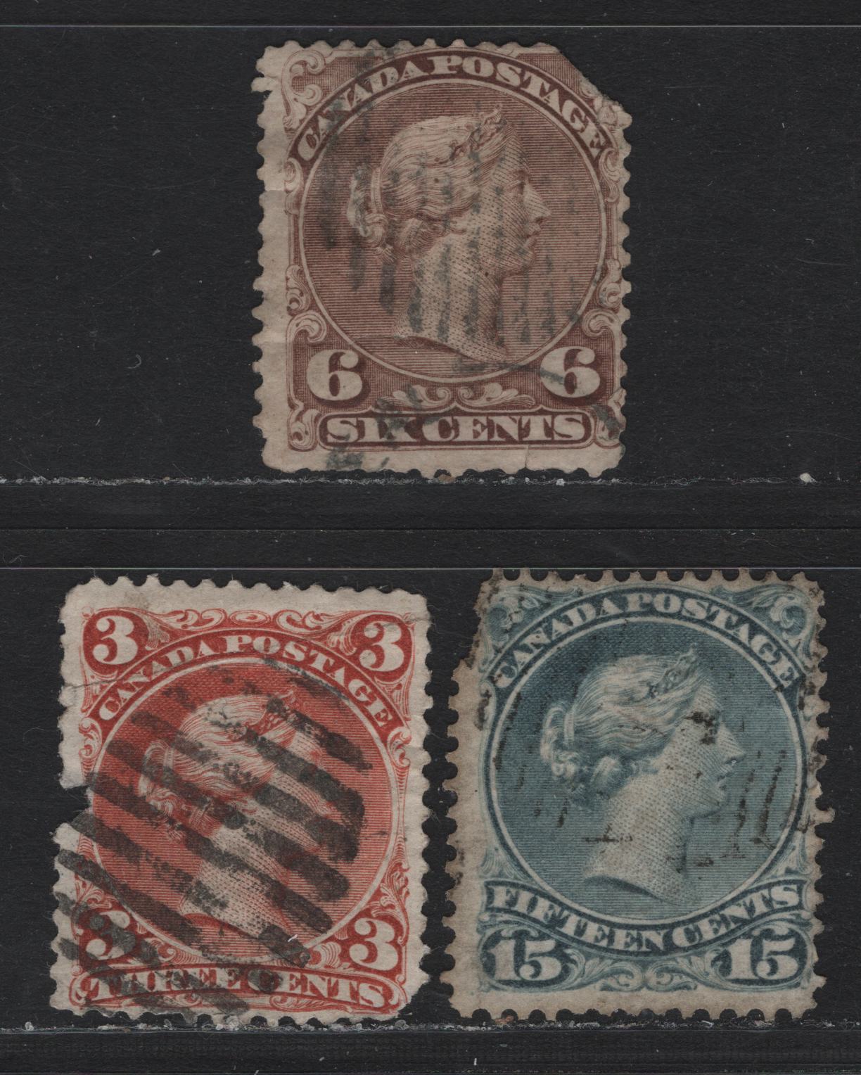 Lot 12 Canada #25, 27v, 30b 3c - 15c Red - Blue Gray Queen Victoria, 1868-1876 Large Queen Issue, 3 Ungraded Used Singles, Terrible Examples, Completely Unchecked As To Specific Paper Types or Perfs, All With Severe faults.