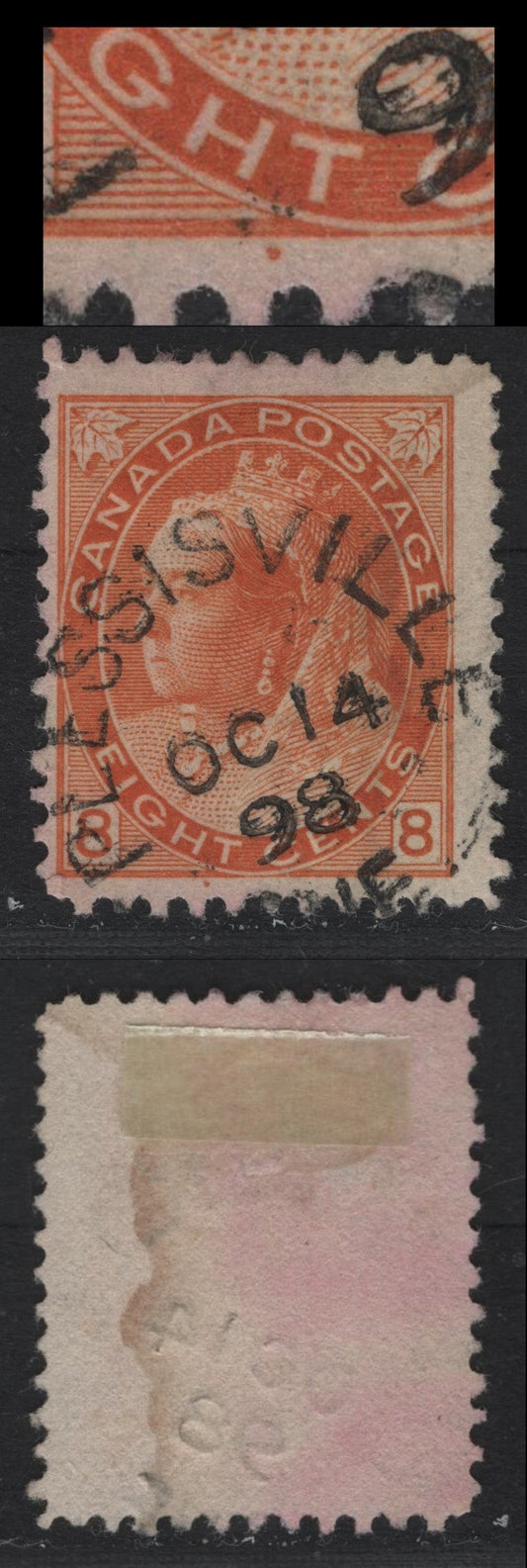 Lot 122 Canada #82 8c Dull Orange Queen Victoria, 1898-1902 Numeral Issue, A Fine Used Single, ABN-Y Paper, Perf 12x11.9, Cancelled With Plessisville, QC Split Ring Cancel Dated October 14 1898, Showing Pos. Dot Under HT of Eight.