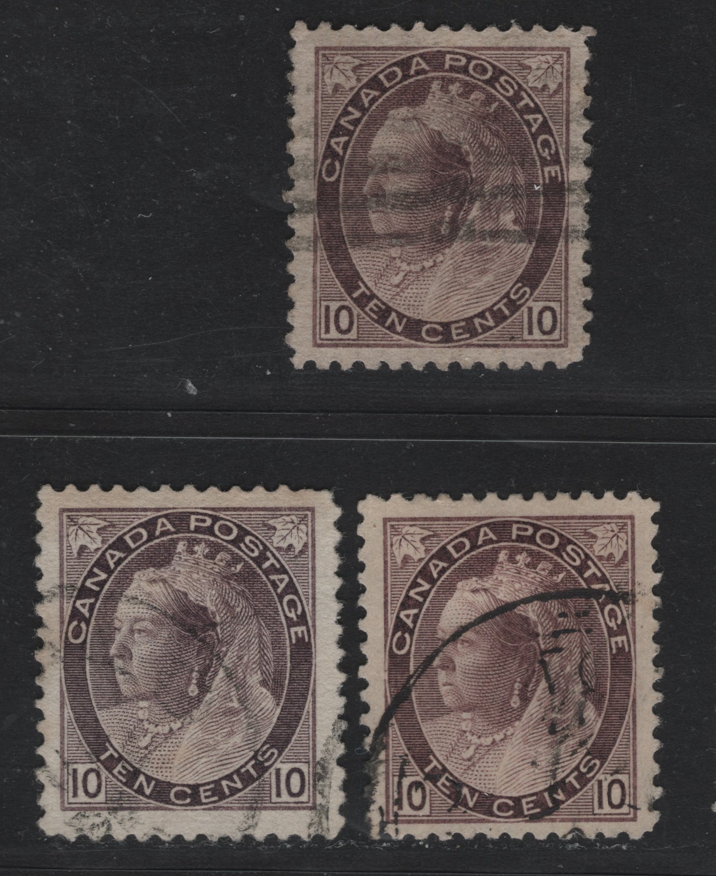 Lot 123 Canada #83 10c Dull Brown Violet Queen Victoria, 1898-1902 Numeral Issue, 3 Fine/Very Fine Used Singles, ABN-CC, ABN-X & ABN-RR Papers, Perfs 12 & 12x11.9
