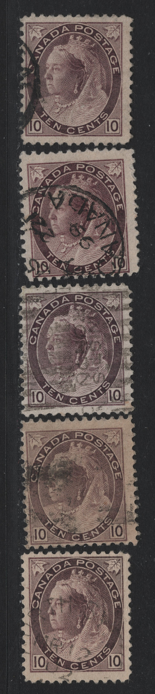 Lot 124 Canada #83 10c Brown Purple - Reddish Brown Purple Queen Victoria, 1898-1902 Numeral Issue, 5 Fine Used Singles, Various Papers & Perfs