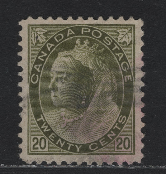Lot 127 Canada #84 20c Olive Green Queen Victoria, 1898-1902 Numeral Issue, A Very Good Used Single, ABN-A Paper, Perf 11.9x12, Light Diagonal Crease IN UR Corner, Light Punch Tear In The Queen's Eye.
