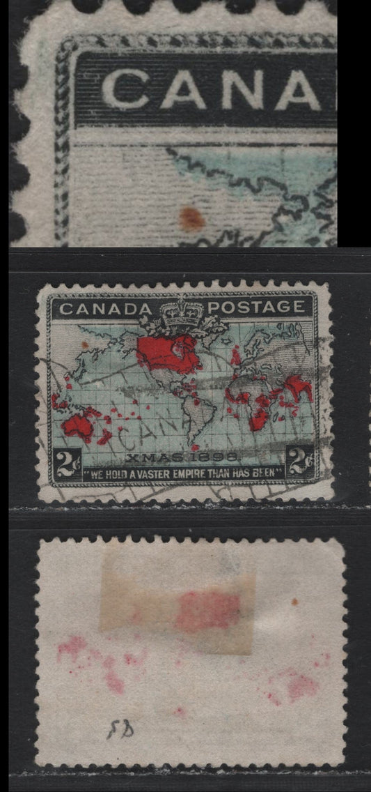 Lot 134 Canada #86 2c Black, Greenish Blue & Aniline Red Mercator's Projection, 1898 Imperial Penny Postage Issue, A Fine Used Single, ABN-X Paper, Perf 12.1x12, Showing Doubling & Blurring Of Cable At The Upper Corner.