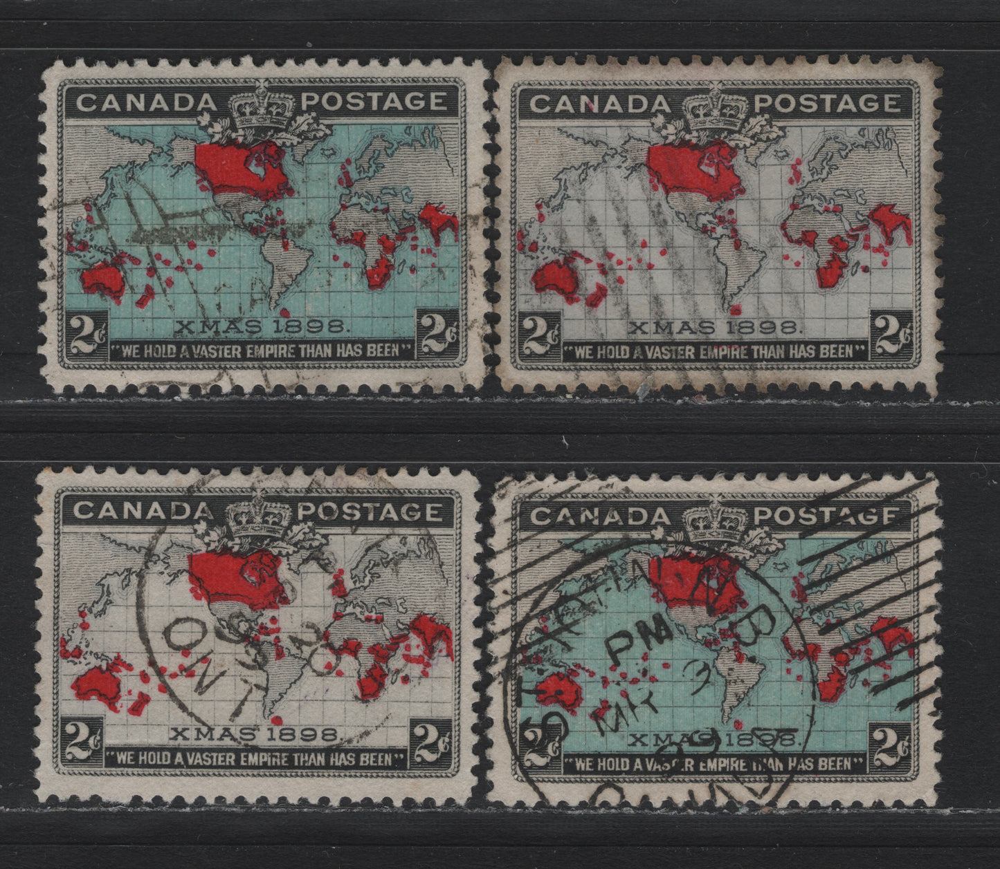 Lot 139 Canada #85,I, 86,b 2c Black, Lavender & Aniline Red - Black, Gray & Aniline Red Mercator's Projection, 1898 Imperial Penny Postage Issue, 4 Very Fine Used Singles, ABN-X, ABN-WWWW, ABN-A & ABN-AA Papers, Perfs 11.9x12, 12 & 12x11.9