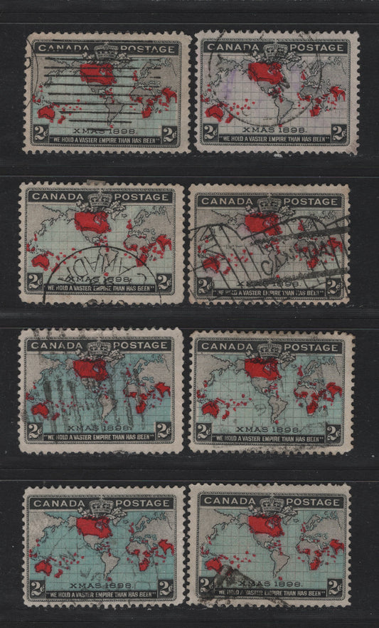 Lot 140 Canada #85i, 86, 86b 2c Black, Lavender Gray/Light Prussian Blue & Aniline Red Mercator's Projection, 1898 Imperial Penny Postage Issue, 8 Fine Used Singles, Various Papers & Perfs