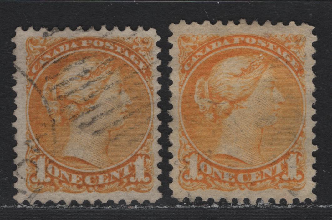 Lot 14 (C) Canada #35i 1c Deep Dull Yellow - Bright Yellow Queen Victoria, 1870-1893 Small Queen Issue, 2 Very Fine Used Singles, Mid Montreal Printings, Horizontal Wove Paper With Clear Horizontal Mesh & Pos. Dots In The LL Corner, Perfs 12.1 & 12.