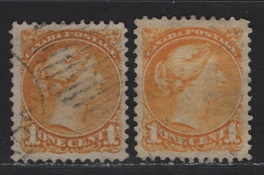 Lot 14 (C) Canada #35i 1c Deep Dull Yellow - Bright Yellow Queen Victoria, 1870-1893 Small Queen Issue, 2 Very Fine Used Singles, Mid Montreal Printings, Horizontal Wove Paper With Clear Horizontal Mesh & Pos. Dots In The LL Corner, Perfs 12.1 & 12.