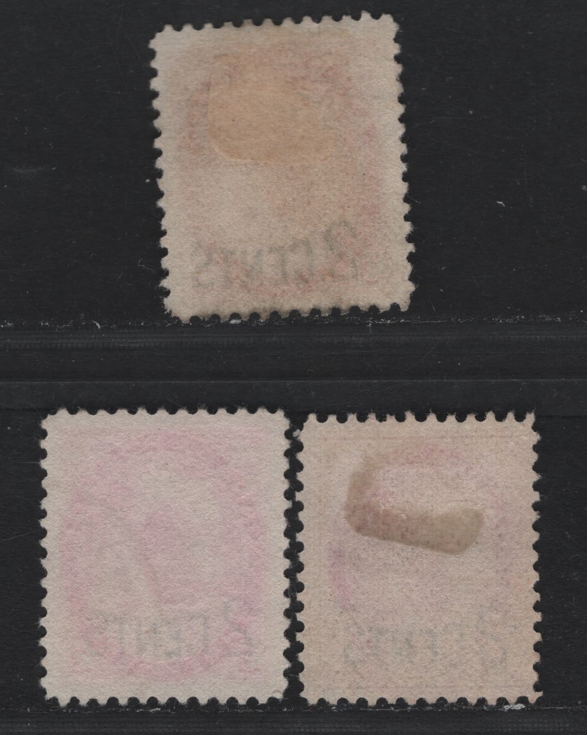 Lot 145 Canada #87, 88 2c on 3c Carmine Queen Victoria, 1899 Provisional Issue, 3 Very Fine Used Singles, Papers ABN-X & ABN-Y, Perfs 12x11.9 & 12
