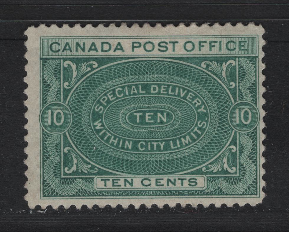 Lot 147 Canada #E1 10c Pale Bluish Green , 1898 Special Delivery Issue, A VGOG Single, ABN-XXXX Paper, Perf 12x11.9, Small & Shallow Hinge Thin At The Top.