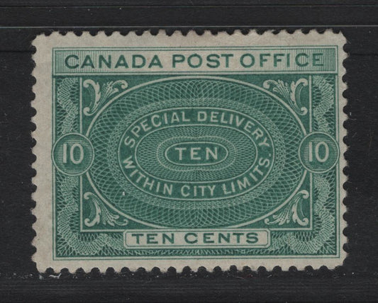 Lot 147 Canada #E1 10c Pale Bluish Green, 1898 Special Delivery Issue, A VGOG Single, ABN-XXXX Paper, Perf 12x11.9, Small & Shallow Hinge Thin At The Top.