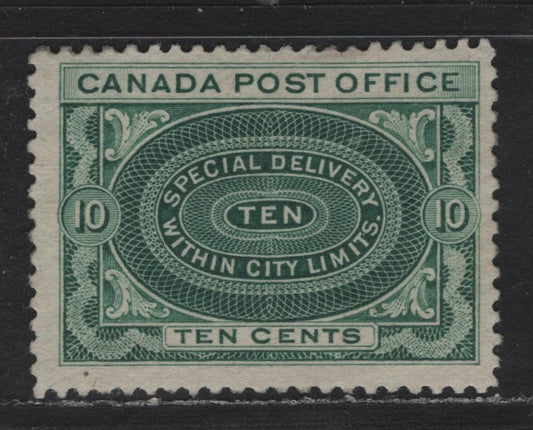 Lot 148 Canada #E1ii 10c Green, 1898 Special Delivery Issue, A FOG Single, ABN-VV Paper, Perf 11.9x12, No Cross Shading In The Value Tablet.