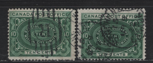 Lot 149 Canada #E1a 10c Green, 1898 Special Delivery Issue, 2 Fine Used Single, ABN-A Papers, Perfs 11.9x11.8 & 12x11.9, March 9 1922 Saint John Cancel.