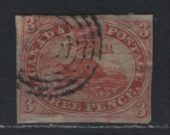 Lot 152 Canada (C) #4ii 3d Orange Red Beaver, 1851 Pence Issue, A Good Used Single, Crisp Wove Paper, 2 Full Margins & Two Close To Touching Margins, Small Tear In The Right Margin Between GE of Postage.