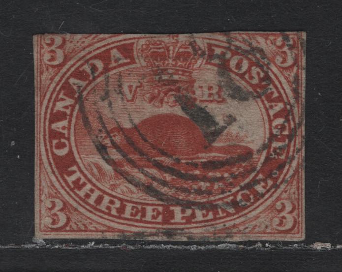 Lot 153 Canada (C) #4 3d Red Beaver, 1852-1857 Pence Issue, A Very Good Used Single, Medium Wove With Clear Horizontal Mesh Paper, Close Margins To Just In At The Top, But Sound, With #18 4-Ring Cancel, Corresponding To Kingston.