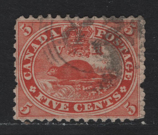 Lot 155 Canada (C) #15 5c Orange Vermillion Beaver, 1859-1864 First Cents Issue, A Very Good Used Single, Cents-E Paper, Perf 11.75x12, #28 4-Ring Numeral Cancel For Paris, C.W (Rarity Factor 4) Corresponding To Scarce.