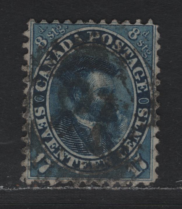 Lot 157 Canada (C) #17 10c Deep Blue HRH Prince Albert, 1859-1864 First Cents Issue, A Fine Used Single, Cents-GGG Paper, Perf 11.75x12, Moderate to Heavy Strike Of #28 4-Ring Numeral Cancel For Paris, CW (RF 4).