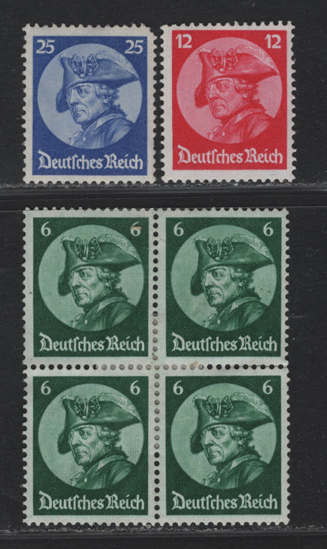 Lot 161 Germany SC#398-400 (Michel 479-481) 6pf - 25pf Dark Green - Ultramarine , 1933 Potsdam Day Issue, 3 F/VFOG Single, Pair & Block Of 4, Block Of 4 Has A Heavy Mount Remander