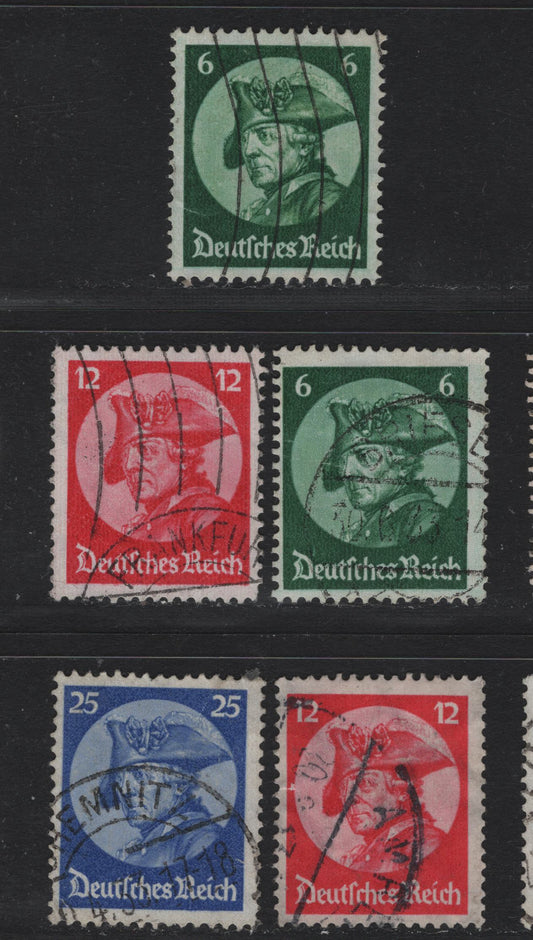 Lot 162 Germany SC#398-400 (Michel 479-481) 6pf - 25pf Dark Green - Ultramarine, 1933 Potsdam Day Issue, 5 Fine Used Singles, Two Shades of 6pf & 12pf