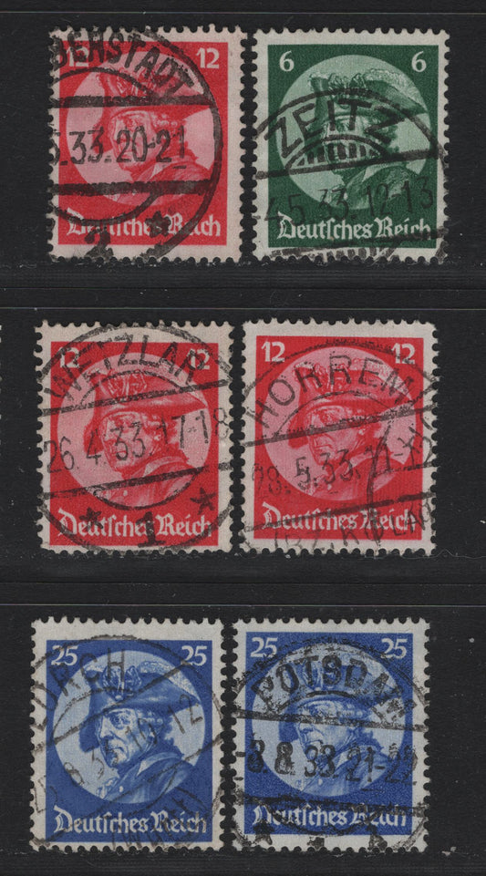 Lot 163 Germany SC#398-400 (479-481) 6pf - 25pf Dark Green - Ultramarine, 1933 Potsdam Day Issue, 6 Fine/Very Fine Used Singles, 1933 Dated SON Town Cancels, Including Horrem, Potsdam, Weitzlar & Zeite