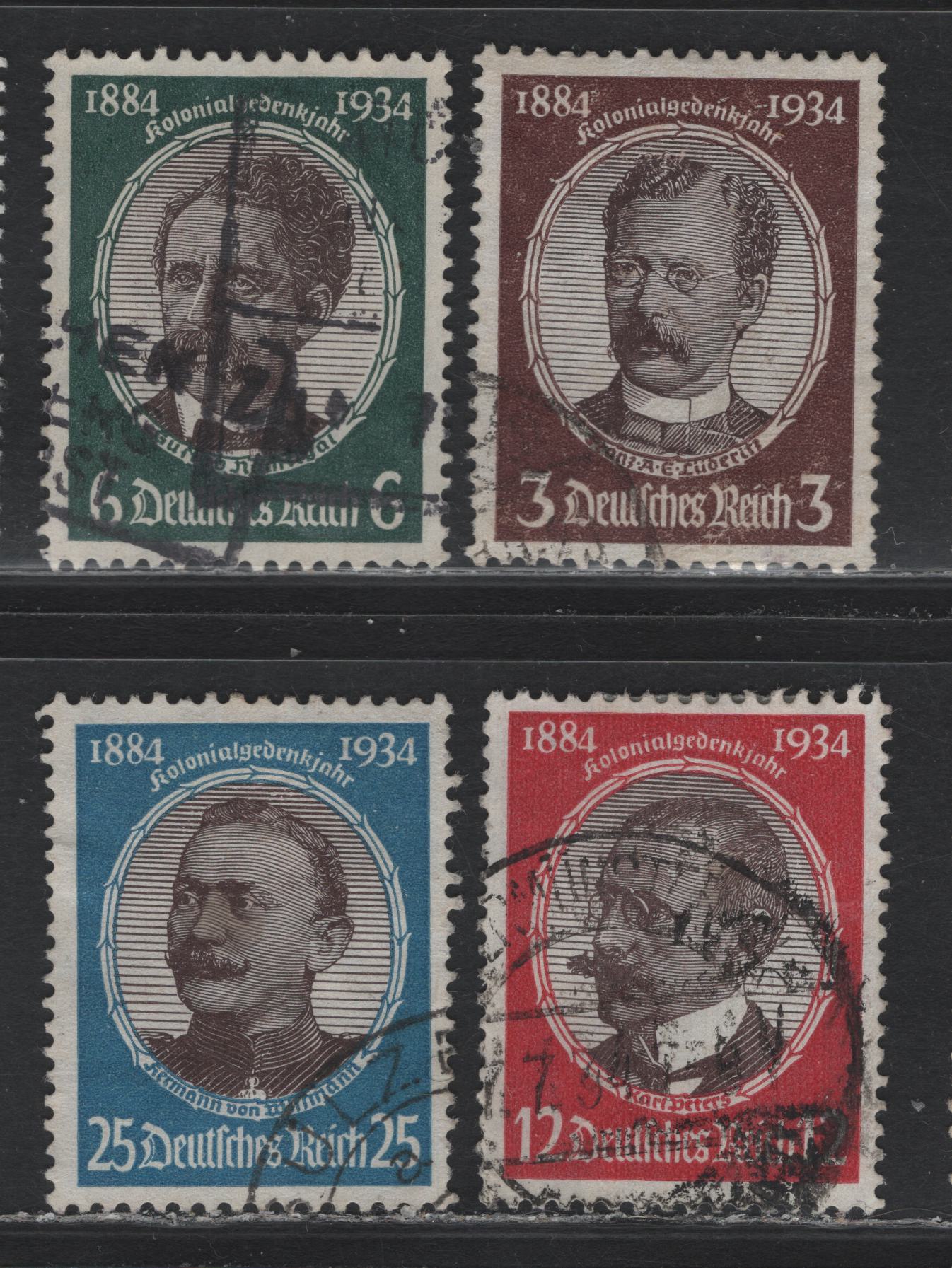 Lot 165 Germany SC#432-435 (540ya, 541x, 542x, 543y) 3pf - 25pf Brown & Chocolate - Bright Blue & Chocolate , 1934 Lost Colonies Issue, 4 Very Fine Used Singles