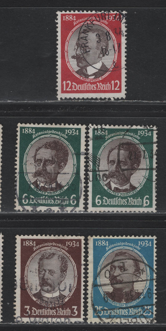 Lot 166 Germany SC#432-435 (540ya, 541x, 542x, 543y) 3pf - 25pf Brown & Chocolate - Bright Blue & Chocolate, 1934 Lost Colonies Issue, 5 Fine Used Singles, Complete Set, With Extra Shade Of 6pf (Centre)