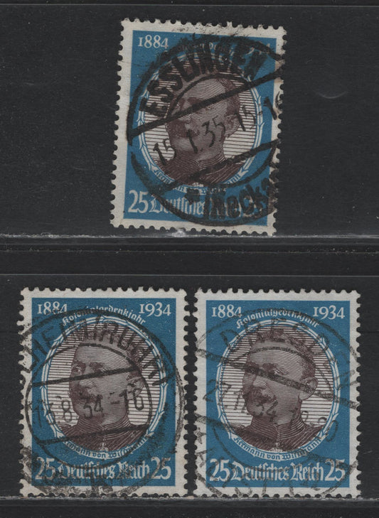 Lot 167 Germany SC#441 (543y) 25pf Bright Blue & Chocolate, 1934 Hindenburg Memorial Issue, 3 Fine/Very Fine Used Singles, CDS Used Examples, August 8 1934 Blheim Ruhr, November 27 1934 Dresden & January 1 1935 Esslingen Cancel