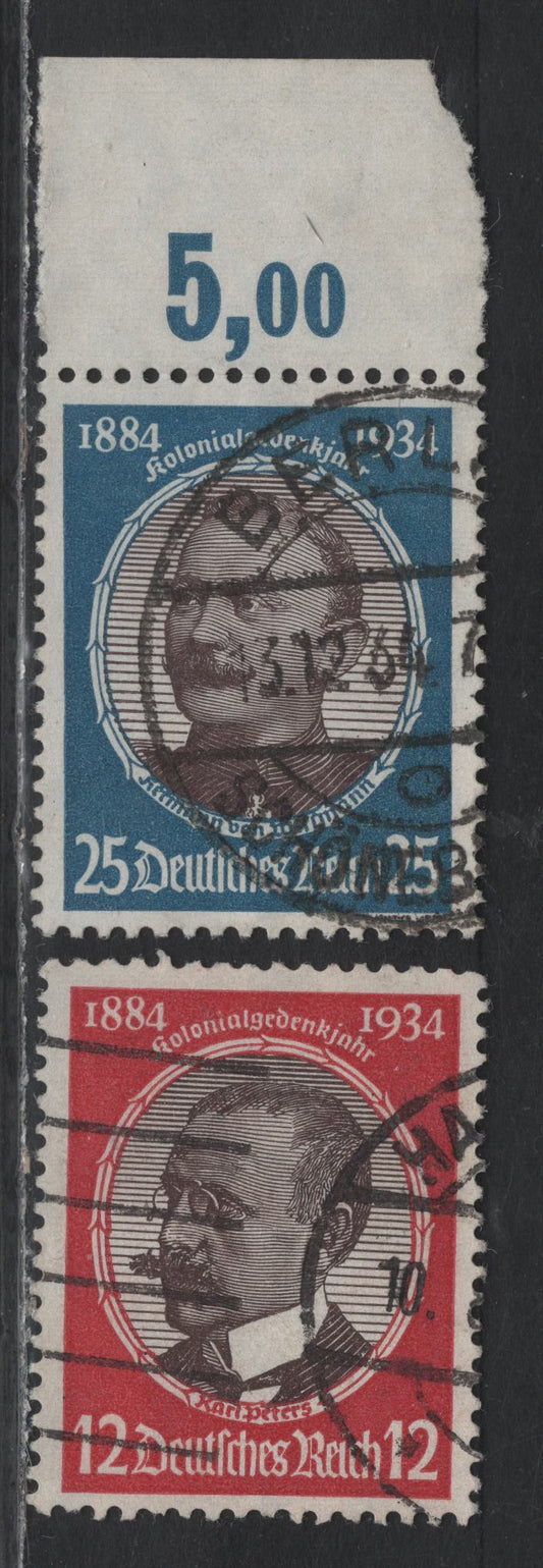 Lot 167A Germany SC#440-441 (542y, 543y) 12pf - 25pf Dark Carmine & Chocolate - Bright Blue & Chocolate, 1934 Hindenburg Memorial Issue, 2 Very Fine Used Singles, Horizontal Wove Paper Printing Of The 12pf & A Top Sheet Margin Single Of the 25pf