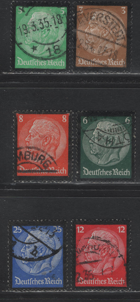 Lot 168 Germany SC#436-441 (548-553) 3pf - 25pf Olive Bistre - Ultramarine, 1934 Hindenburg Memorial Issue, 6 Very Fine Used Singles