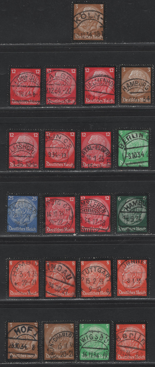 Lot 169 Germany SC#436-441 3pf - 25pf Olive Bistre - Ultramarine, 1934 Hindenburg Memorial Issue, 21 Fine/Very Fine Used Singles, Readable & Dated Town Cancels