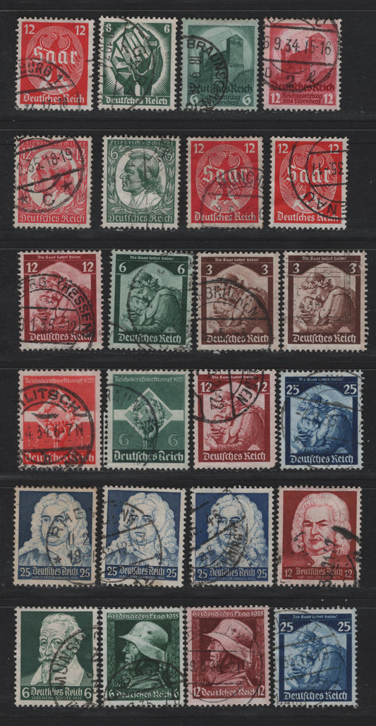 Lot 170 Germany SC#442-451, 454-458 (544/575) 6pf - 25pf Dark Green - Ultramarine, 1934-1935 Nazi Congress at Nuremburg - Schutz-Bach-Handel Cletebration Issues, 24 Very Fine Used Singles, Complete & Part Sets With Shade Variations That Are Not Listed