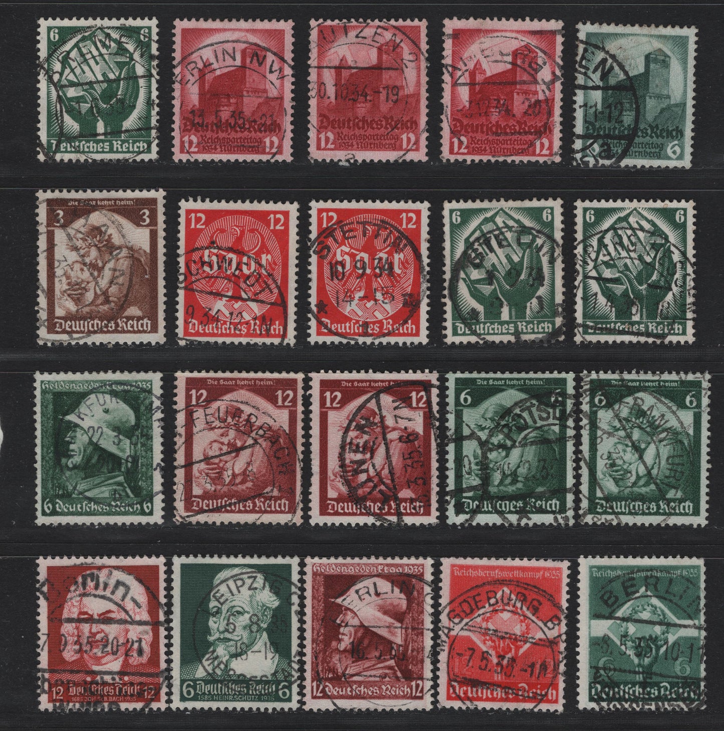 Lot 172 Germany SC#442/457 (554/573) 6pf Dark Green , 1934-1935 Nazi Congress at Nuremburg - Schutz-Bach-Handel Cletebration Issues, 20 Fine/Very Fine Used Singles, All With Readable & Dated Town Cancels
