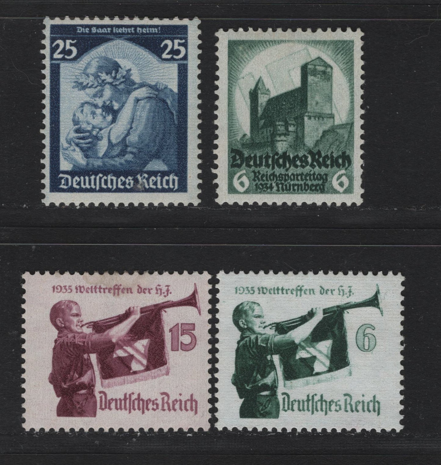 Lot 175 Germany SC#442, 451, 463-464 (546, 568, 584y, 585x) 6pf - 15pf Dark Green - Brown Lake , 1934-1935 Nuremburg Congress - Hitler Youth Meeting Issues, 4 F/VFOG Singles, 6pf (463 is Horizontal Wove White), The 15pf Is Vertical Wove