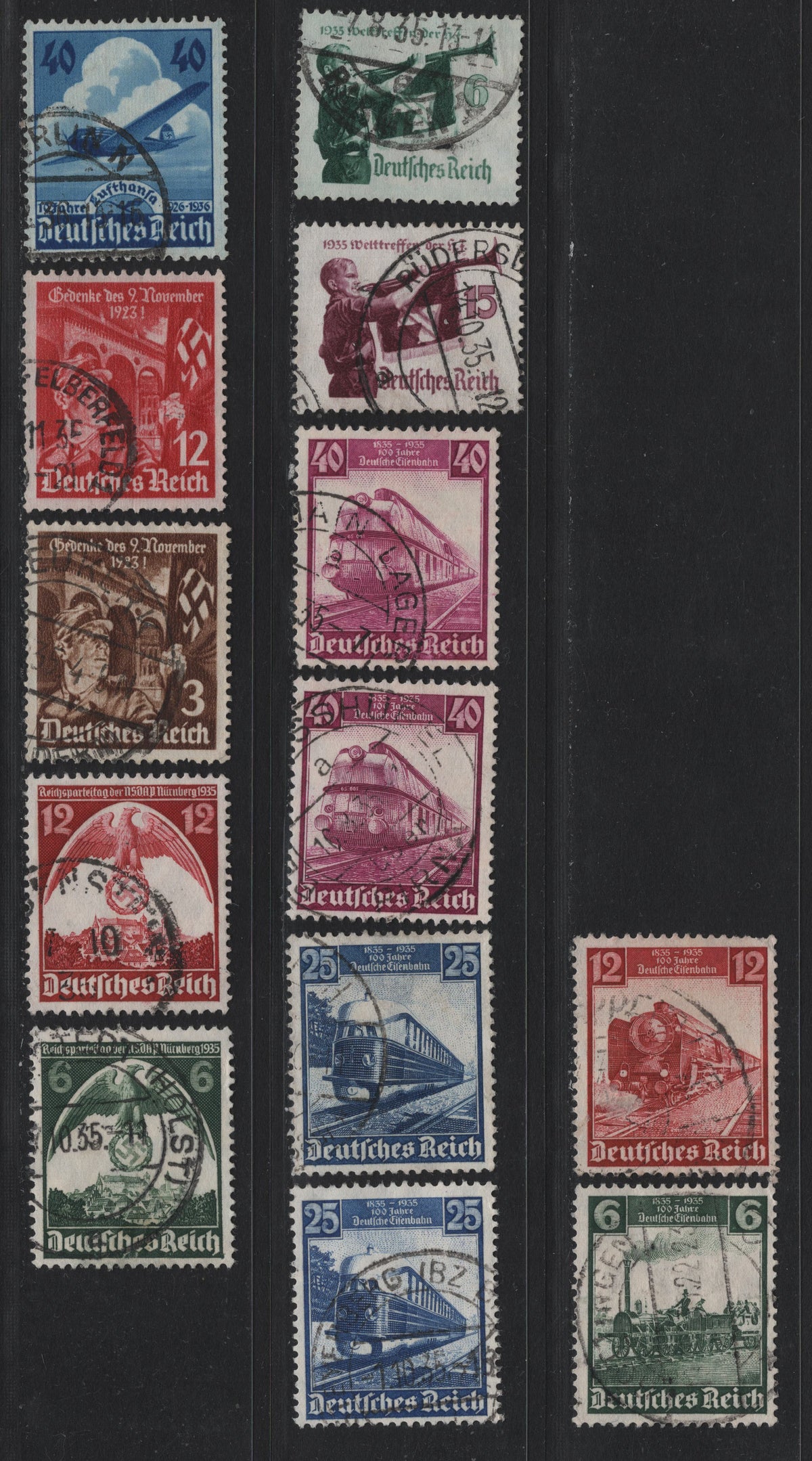 Lot 1 Germany SC#459-469 (580/603) 6pf - 40pf Dark Green - Sapphire, 1935 Railway Centenary - 10th Anniv of Lufthansa Issues, 13 Fine/Very Fine Used Singles, Extra Shades Of 25pf & 40pf Railroads, Hitler Youth & Putsch Issues Are Vertical Wove